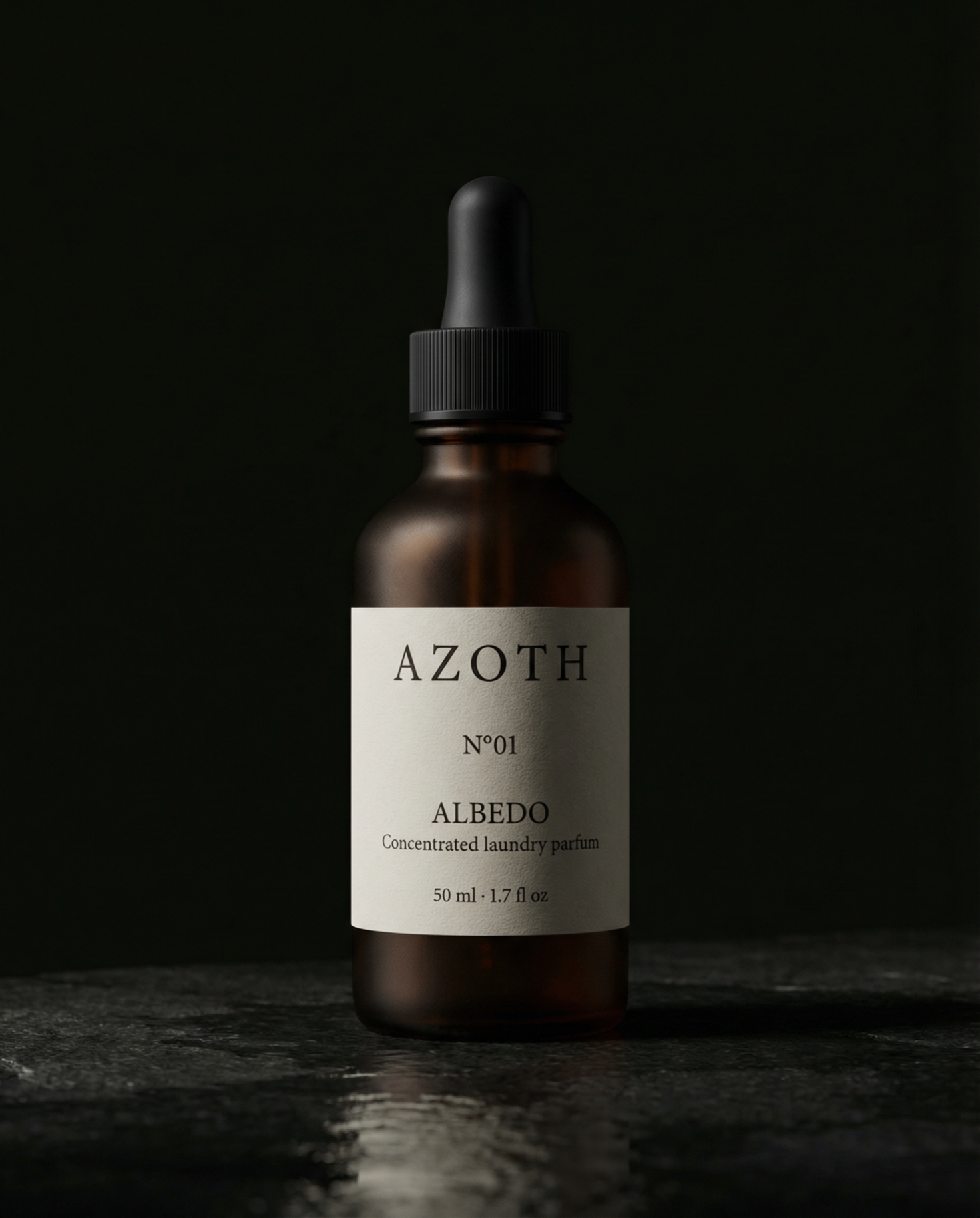 N°01 ALBEDO — dark amber frosted glass dropper bottle on warm stone.