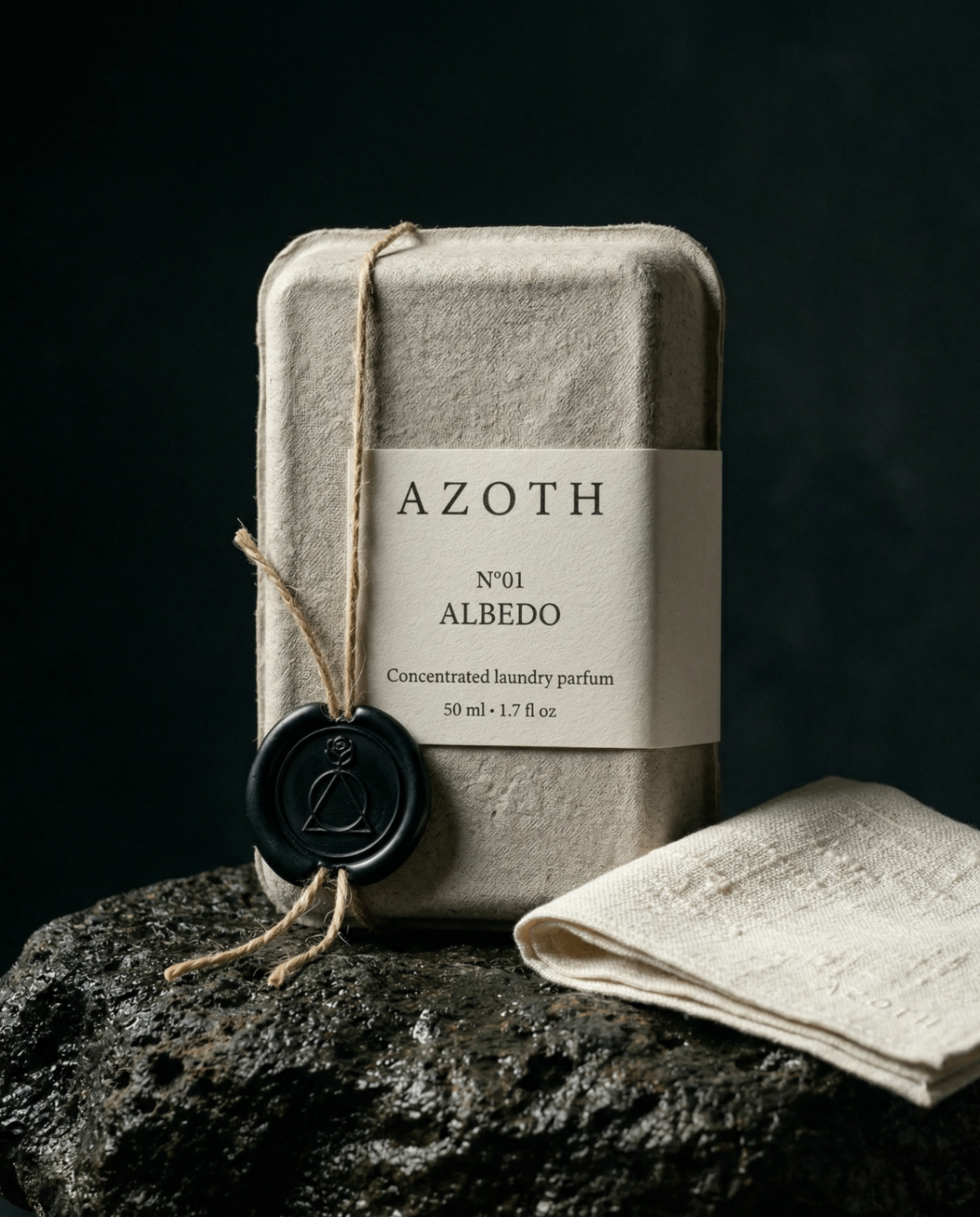 AZOTH packaging detail — recycled pulp clamshell, tracing paper, twine and wax seal.